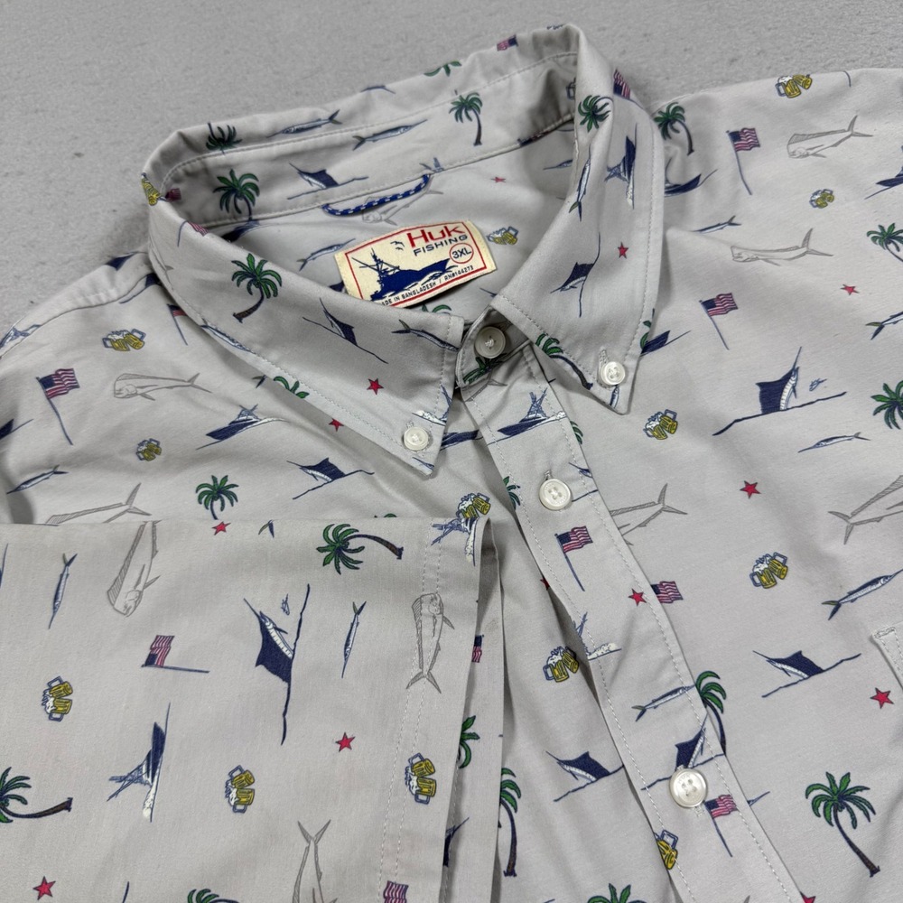 Huk Fishing Mens 3XL Short Sleeve Button Down Shirt Gray Tropical Marlin Beer US